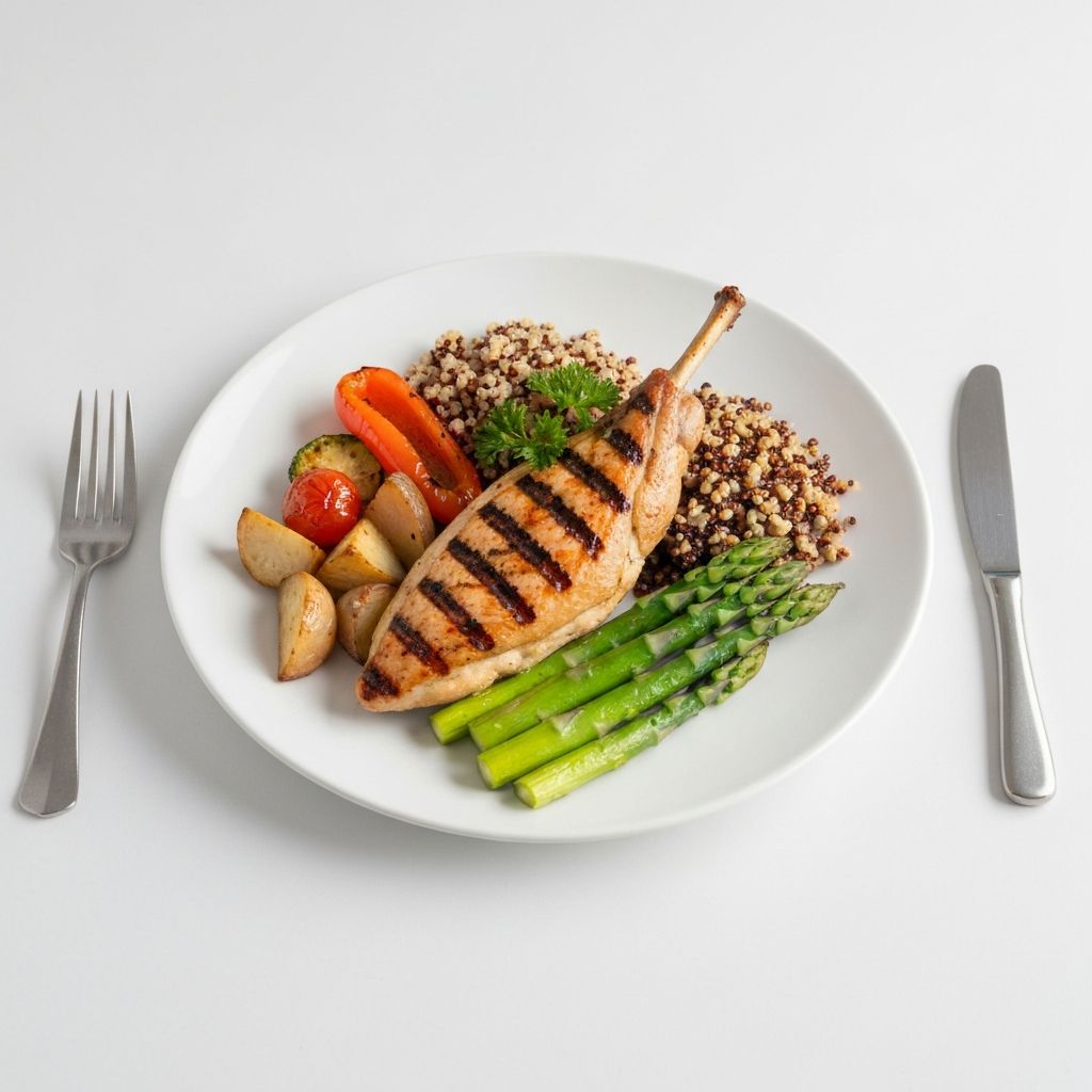 Balanced plate with proteins, vegetables, and grains
